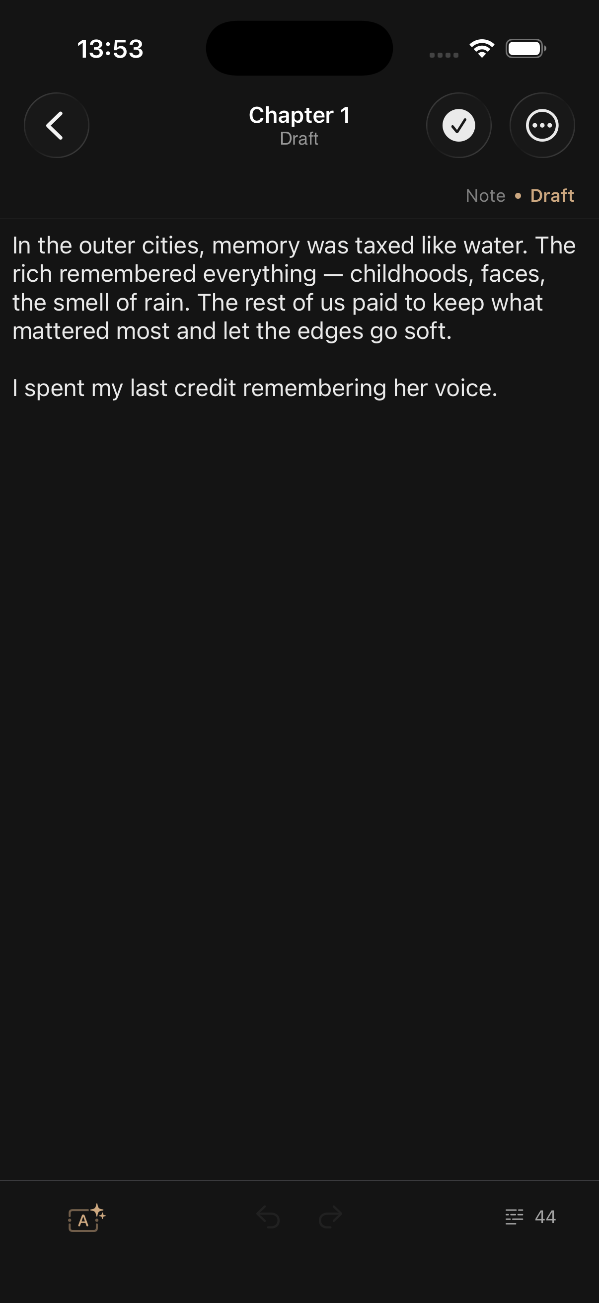 Talelay draft editor on iPhone – dark